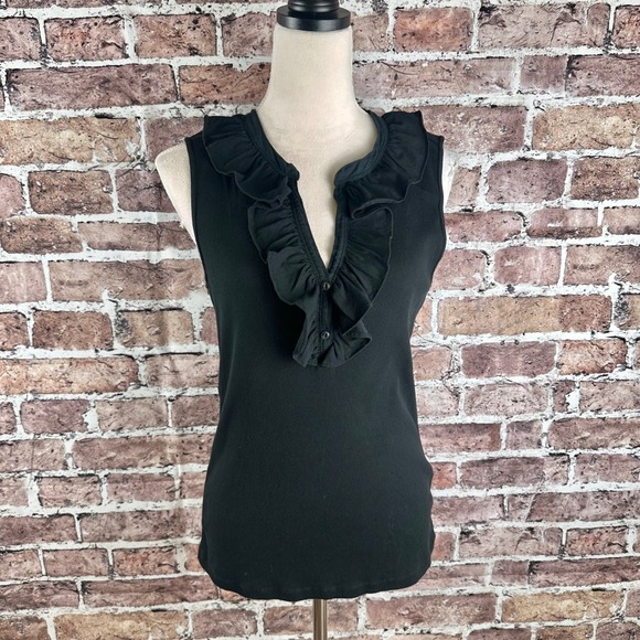 Lauren Ralph Lauren Black Ribbed Cotton Ruffle V-Neck Sleeveless Top Large - Picture 2 of 14